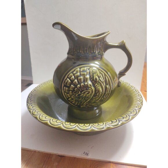 Vintage McCoy Pottery USA Green Basin Bowl & Thanksgiving Turkey Pitcher 1960's - Picture 12 of 14